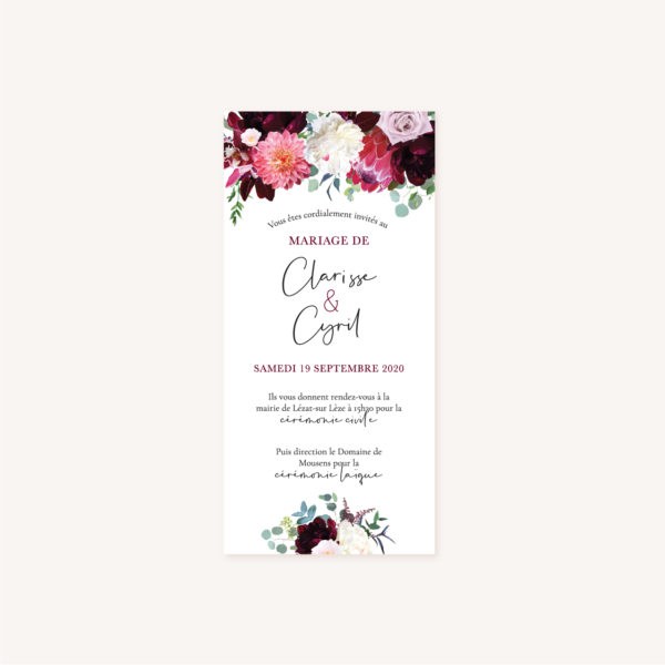 Faire-part mariage fleurs floral burgundy eucalyptus bordeaux