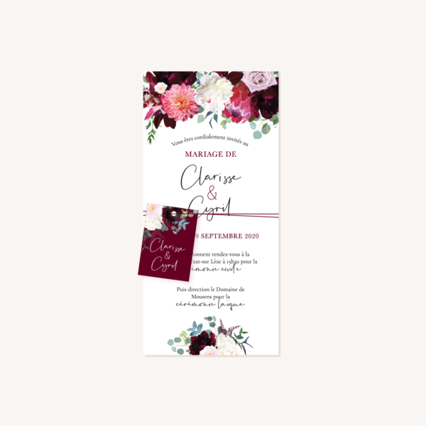 Étiquette faire-part mariage fleurs floral burgundy eucalyptus bordeaux