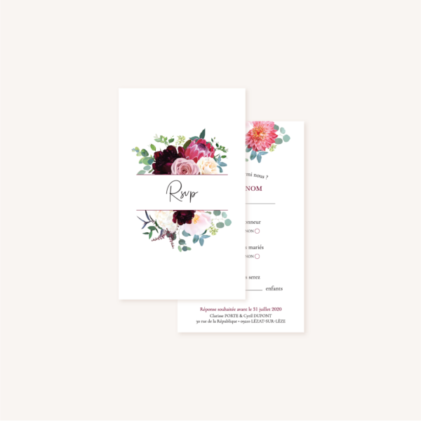 RSVP mariage fleurs floral burgundy eucalyptus bordeaux