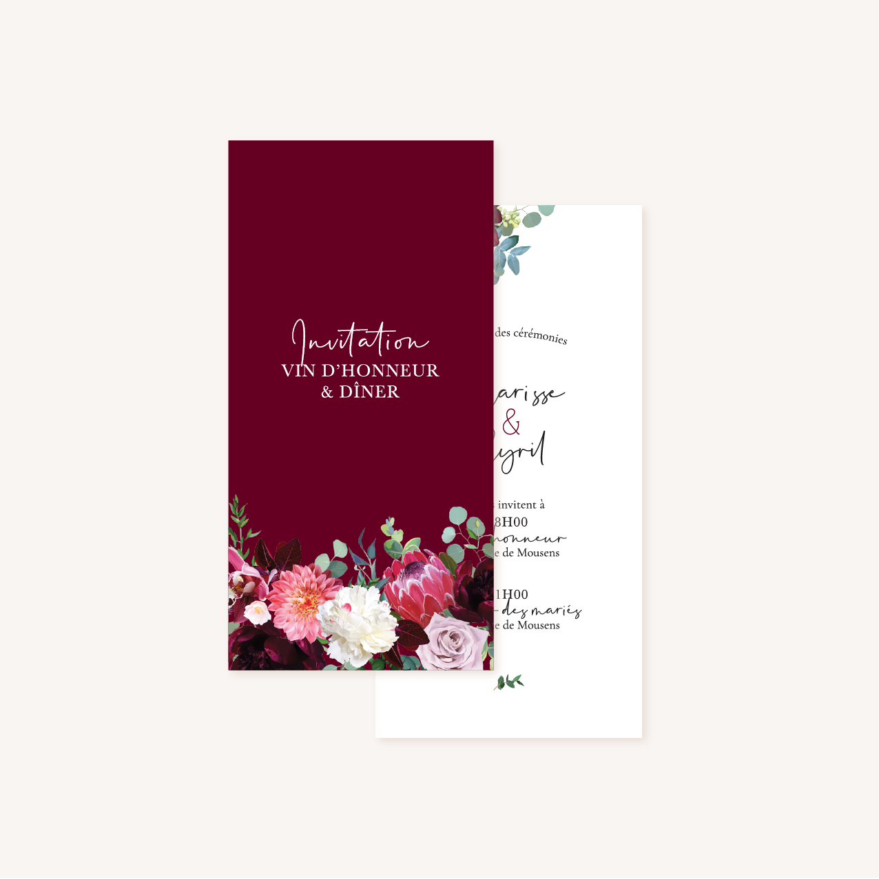 Faire-part mariage fleurs floral burgundy eucalyptus bordeaux
