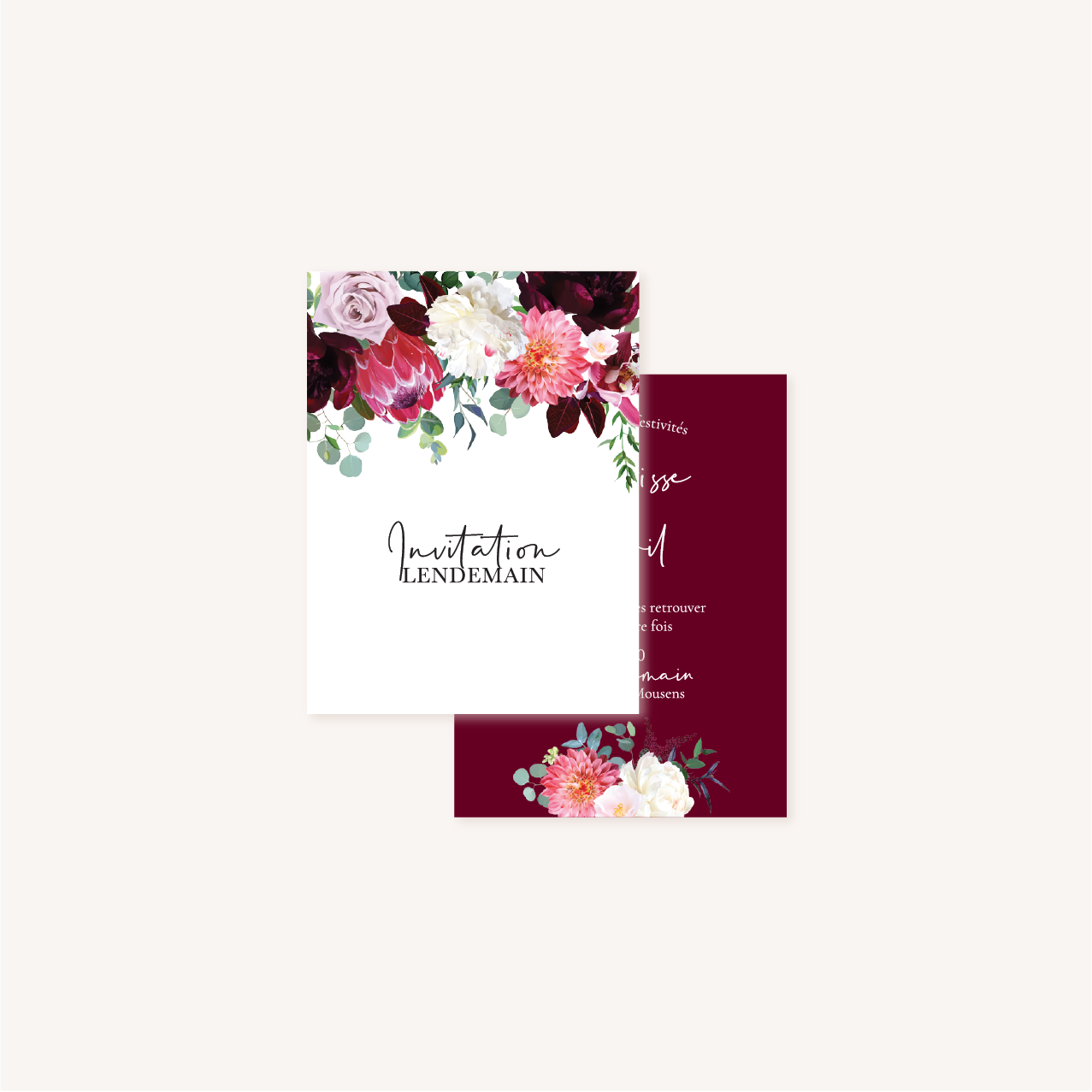 Carton brunch mariage fleurs floral burgundy eucalyptus bordeaux