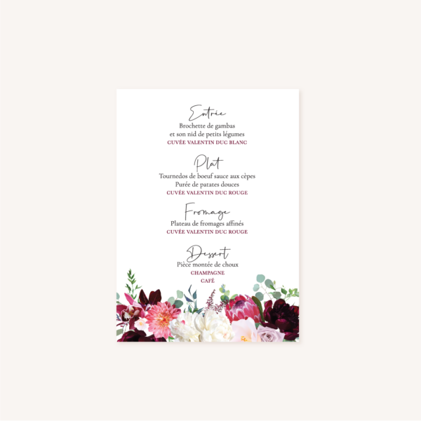 Menu mariage fleurs floral burgundy eucalyptus bordeaux