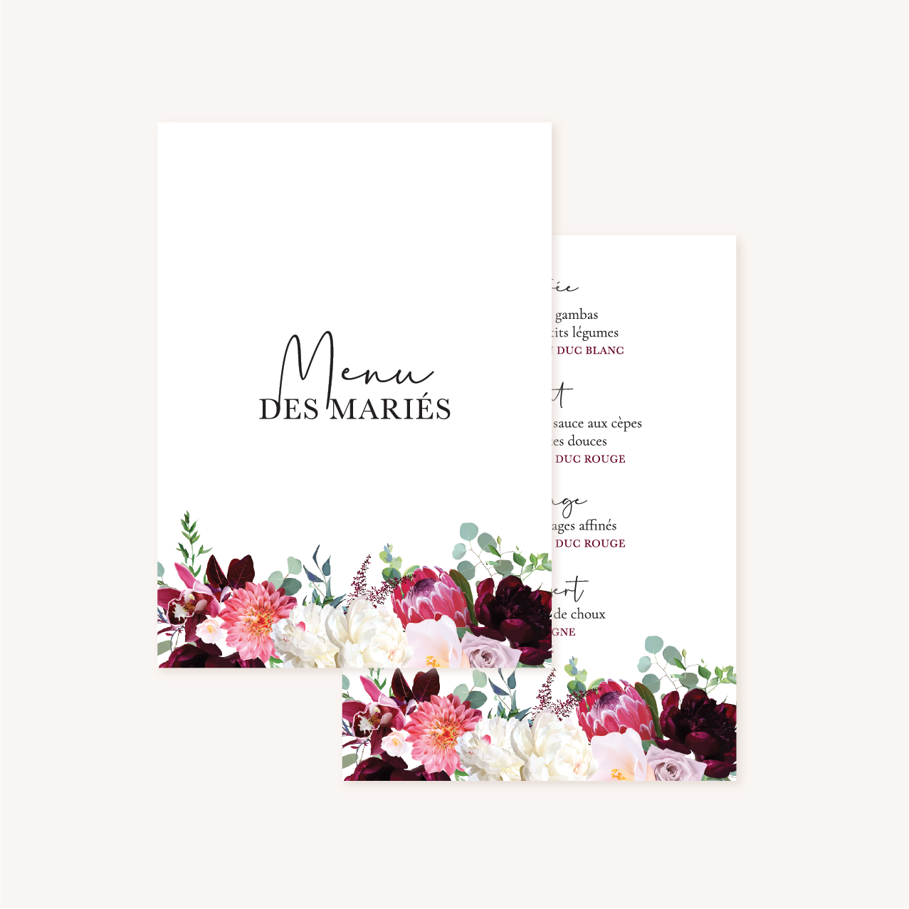 Menu mariage fleurs floral burgundy eucalyptus bordeaux