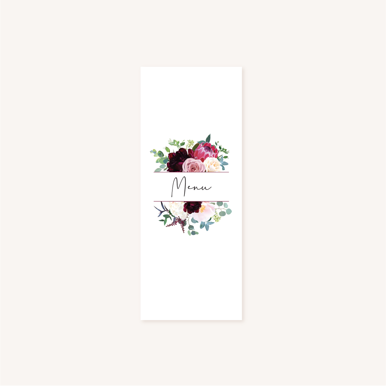 Menu mariage fleurs floral burgundy eucalyptus bordeaux