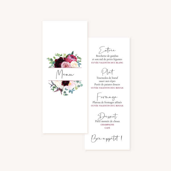 Menu mariage fleurs floral burgundy eucalyptus bordeaux