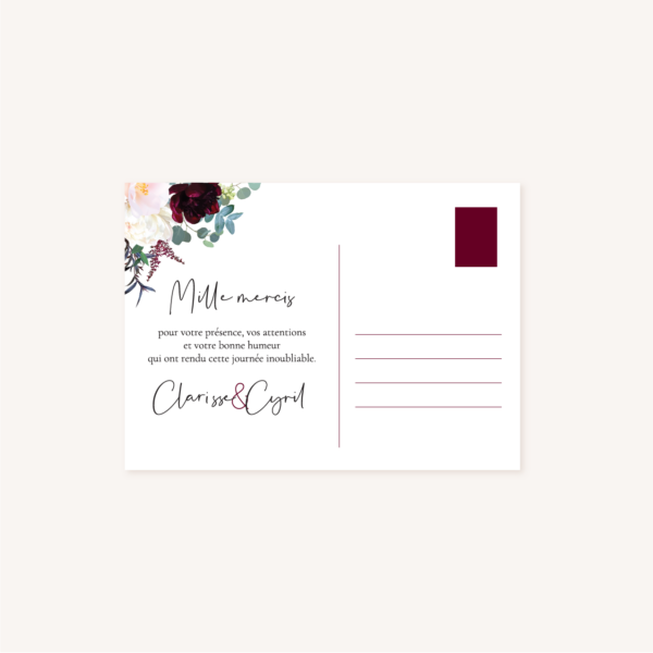 Remerciements mariage fleurs floral burgundy eucalyptus bordeaux