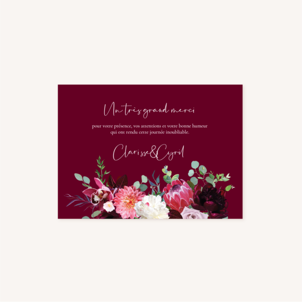 Remerciements mariage fleurs floral burgundy eucalyptus bordeaux