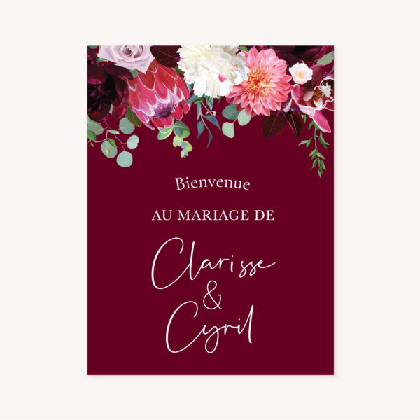 Panneau plan de table mariage fleurs floral burgundy eucalyptus bordeaux