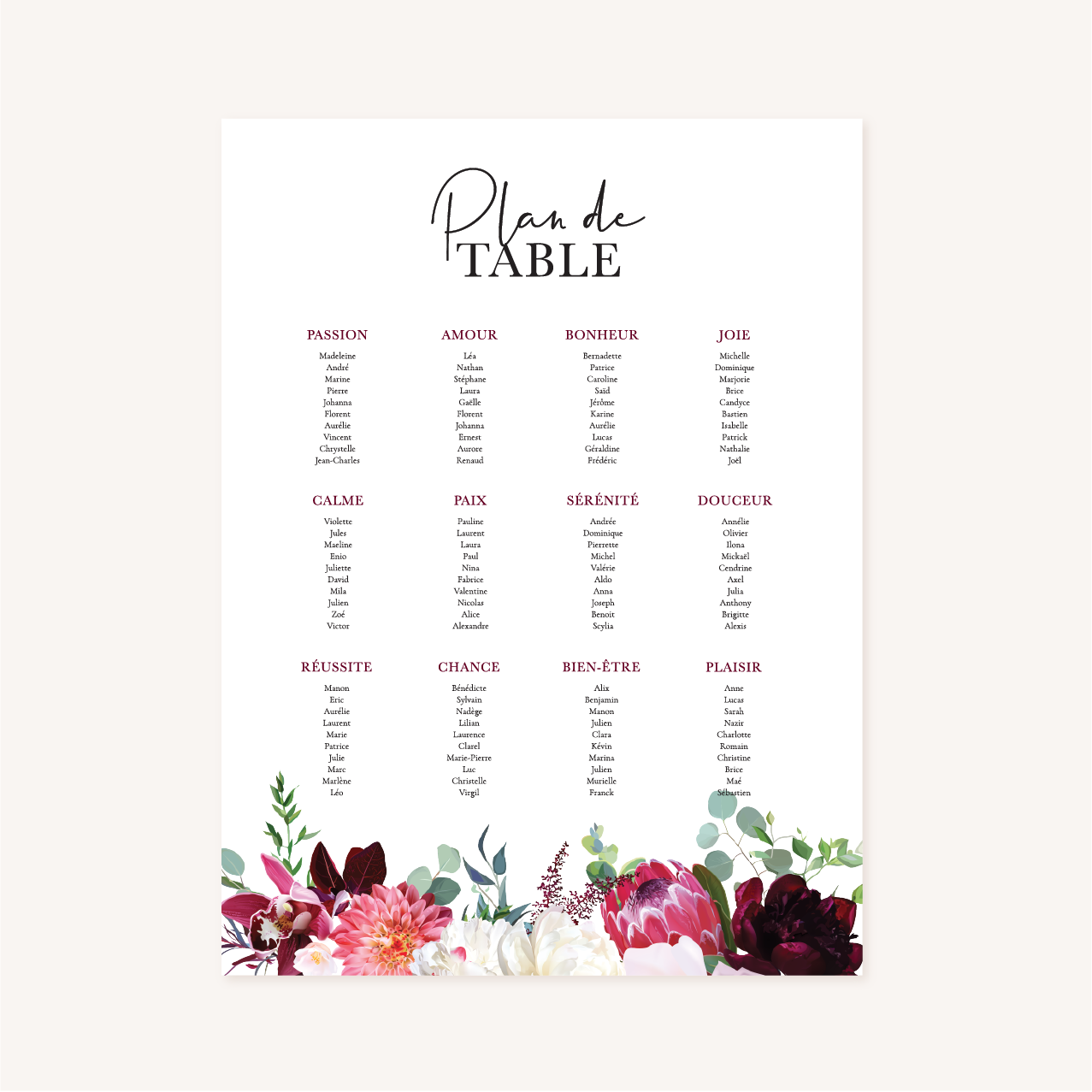 Plan de table mariage fleurs floral burgundy eucalyptus bordeaux