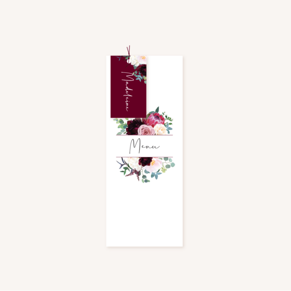 Menu mariage fleurs floral burgundy eucalyptus bordeaux