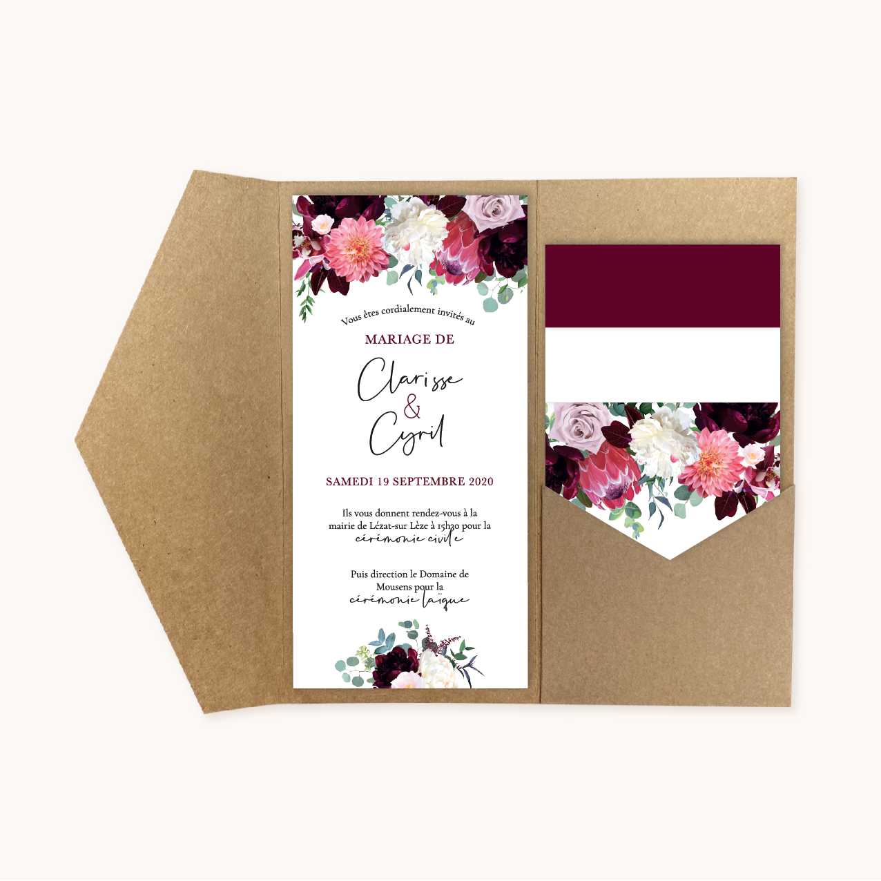 Pochette faire-part mariage fleurs floral burgundy eucalyptus bordeaux