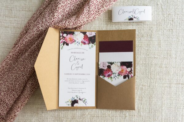 Faire-part mariage burgundy fleurs bordeaux eucalyptus