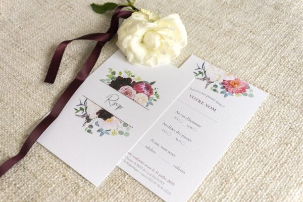 RSVP mariage burgundy fleurs bordeaux eucalyptus