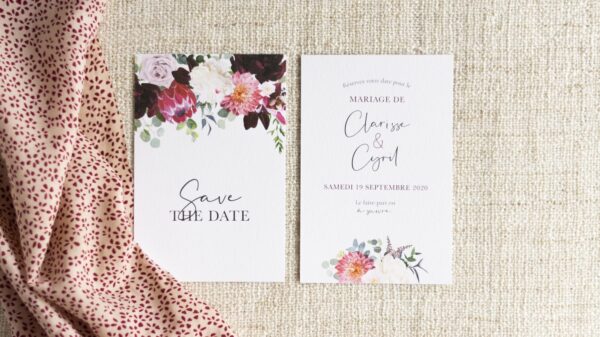 Save the date mariage burgundy fleurs bordeaux eucalyptus