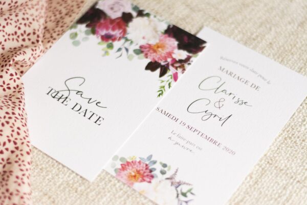 Save the date mariage burgundy fleurs bordeaux eucalyptus