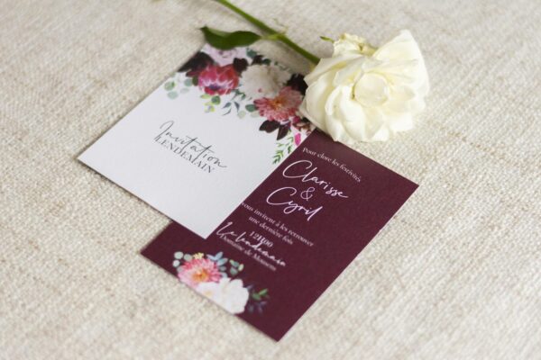 Faire-part mariage burgundy fleurs bordeaux eucalyptus