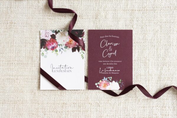 Faire-part mariage burgundy fleurs bordeaux eucalyptus