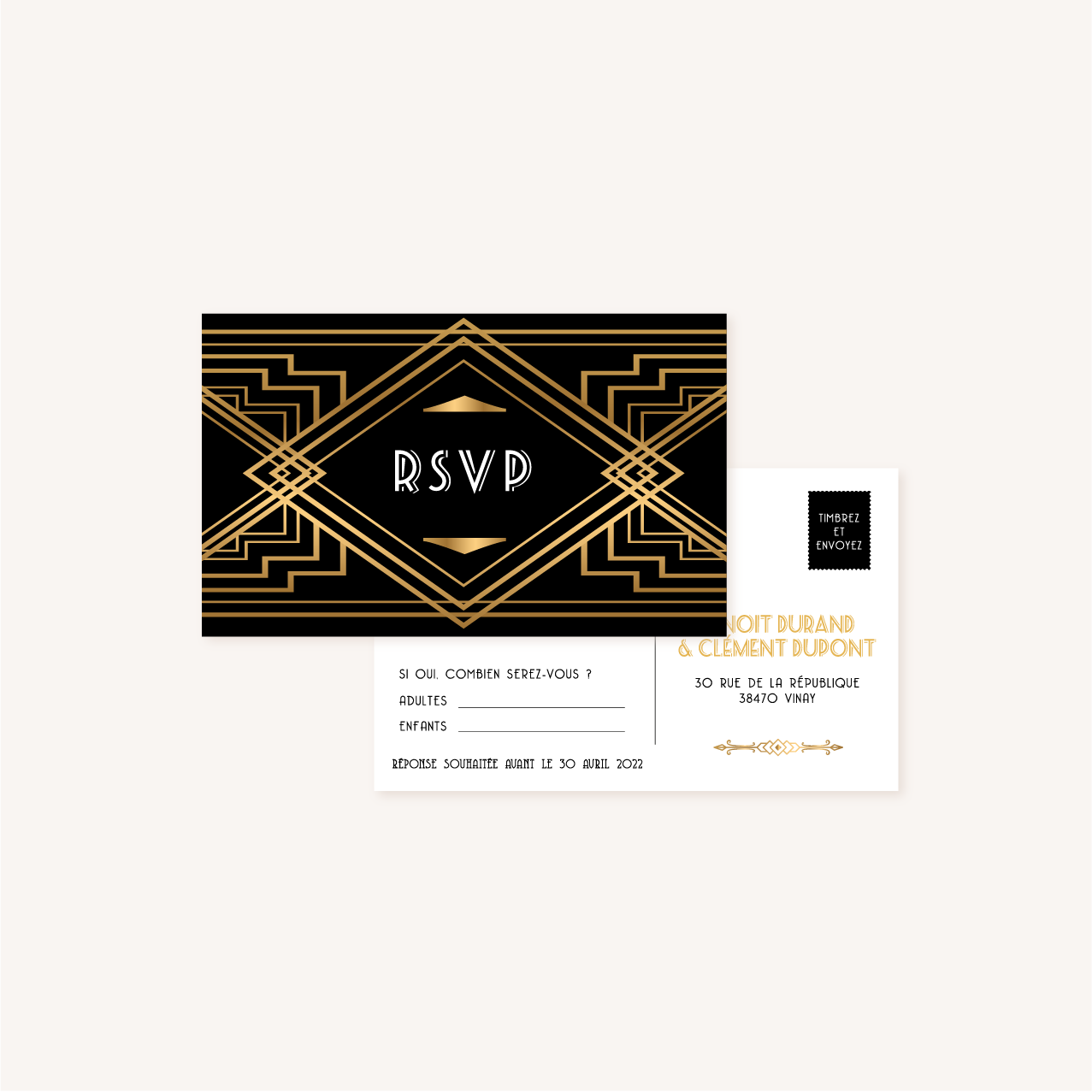 rsvp faire-part mariage art deco gatsby noir or dore