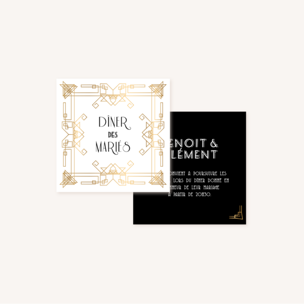 carton diner faire-part mariage art deco gatsby noir or dore