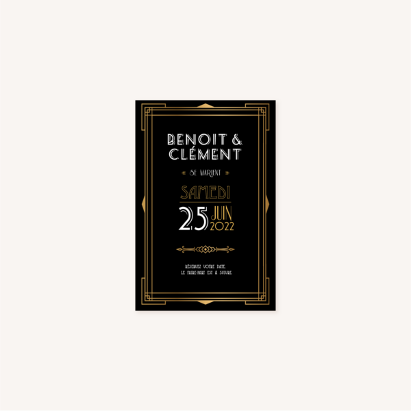 save the date mariage art deco gatsby noir or dore