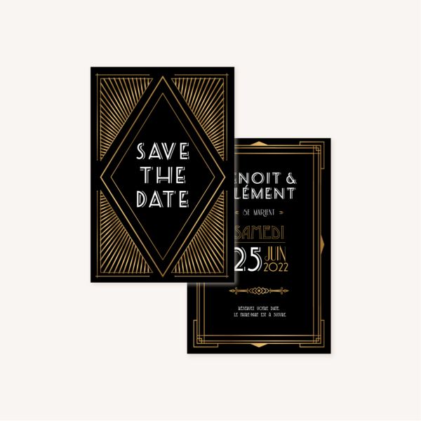 save the date mariage art deco gatsby noir or dore