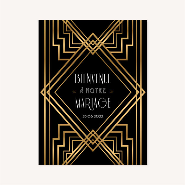 panneau accueil bienvenue mariage art deco gatsby noir or dore