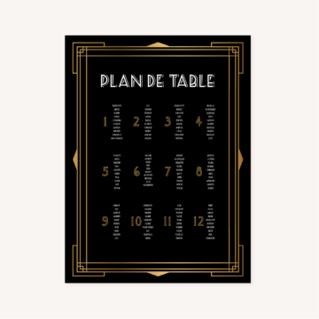 panneau plan de table mariage art deco gatsby noir or dore