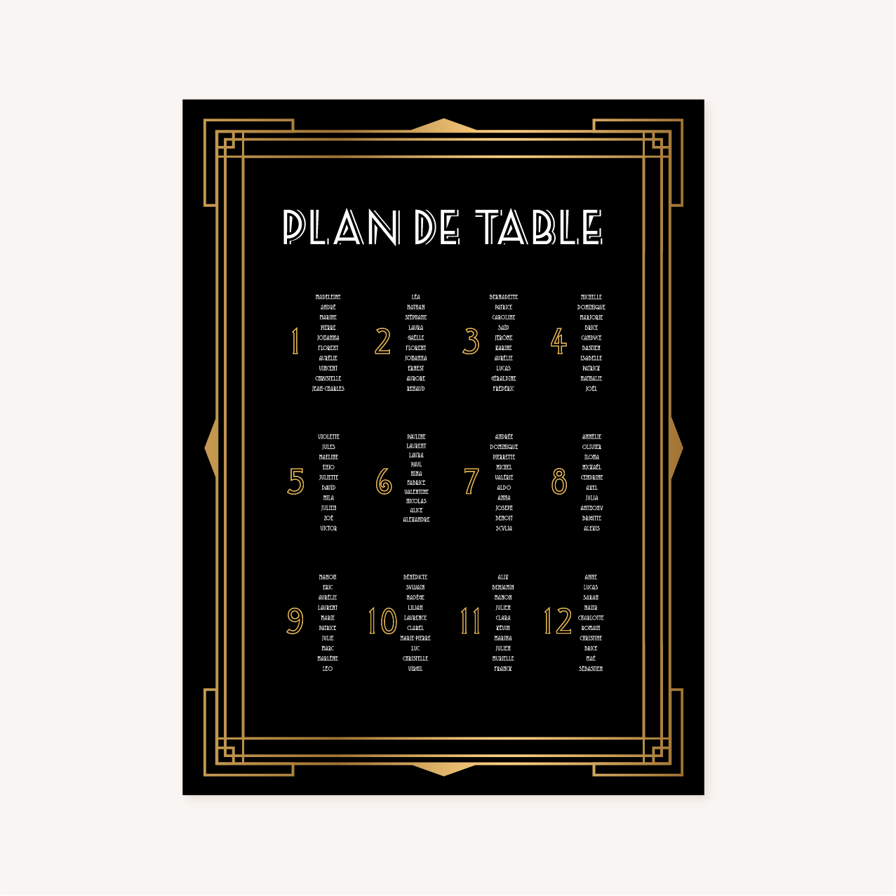 panneau plan de table mariage art deco gatsby noir or dore