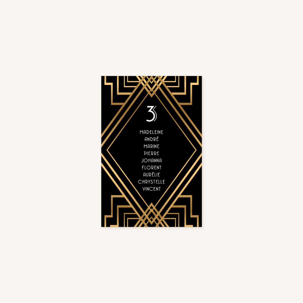 plan de table mariage art deco gatsby noir or dore