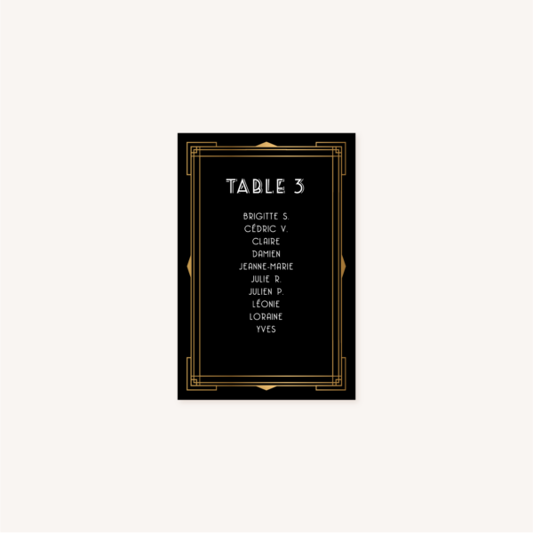 plan de table mariage art deco gatsby noir or dore