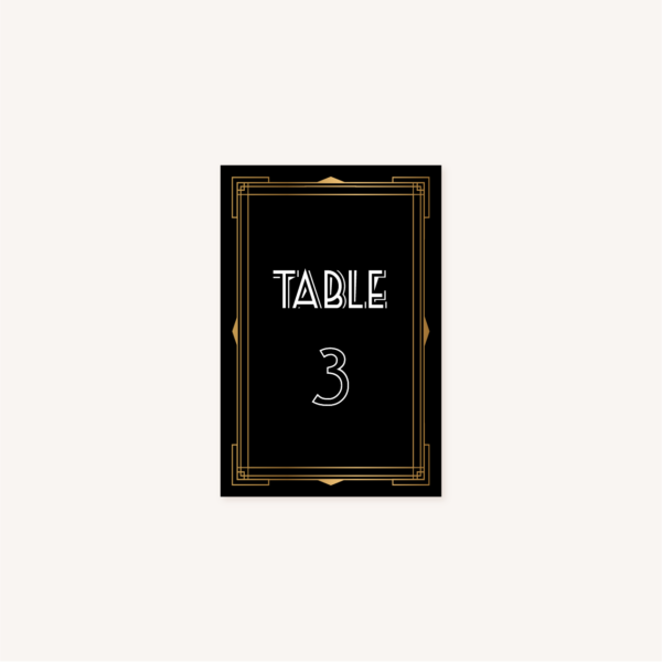 Nom numéro de table mariage art deco gatsby noir or dore
