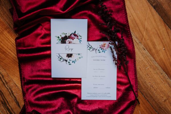 RSVP mariage burgundy fleurs bordeaux eucalyptus