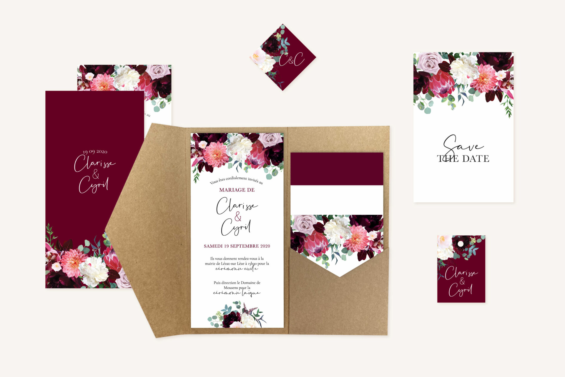 Papeterie mariage fleurs floral burgundy eucalyptus bordeaux