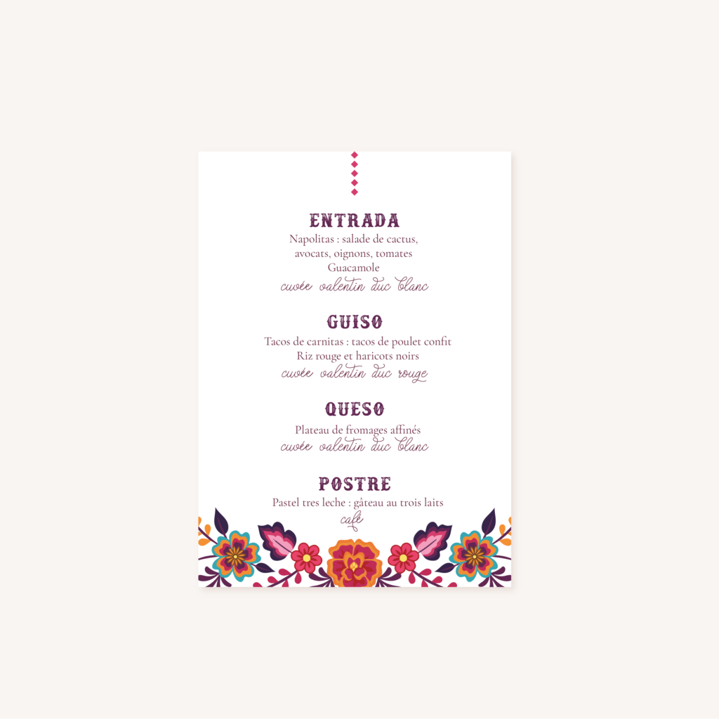 Menu mariage mexico dia de los muertos mexique fiesta original cinco de mayo