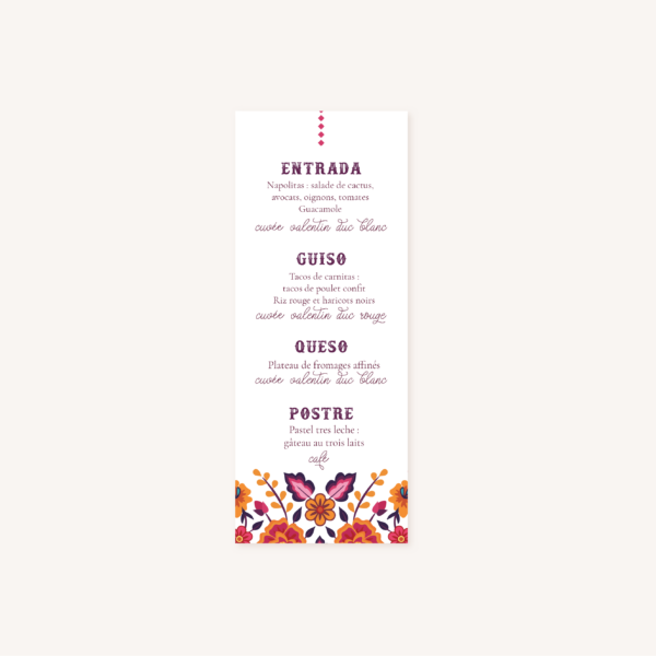 Menu individuel mariage mexico dia de los muertos mexique fiesta original colorful cinco de mayo