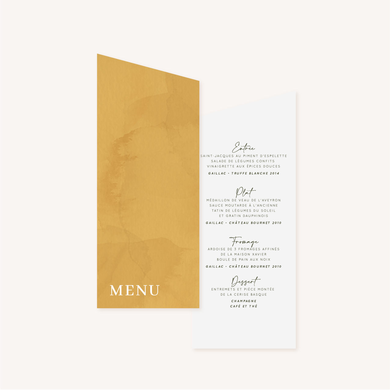 Menu mariage bohème naturel jaune moutarde vert