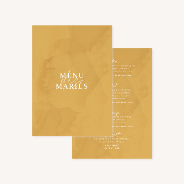 Menu mariage bohème naturel jaune moutarde vert