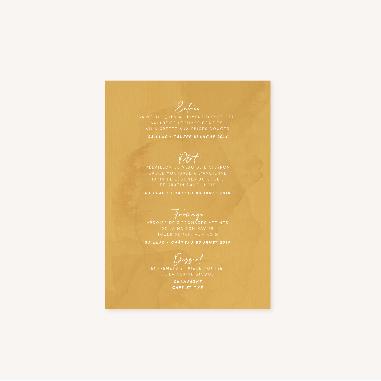Menu mariage bohème naturel jaune moutarde vert
