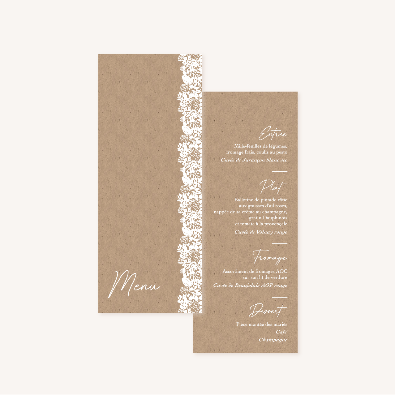 Menu individuel mariage kraft dentelle champêtre