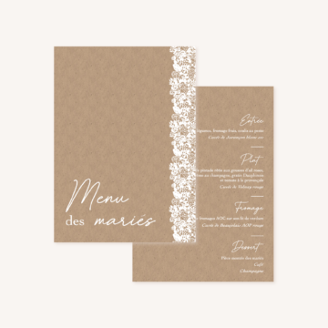 Menu mariage kraft dentelle champêtre