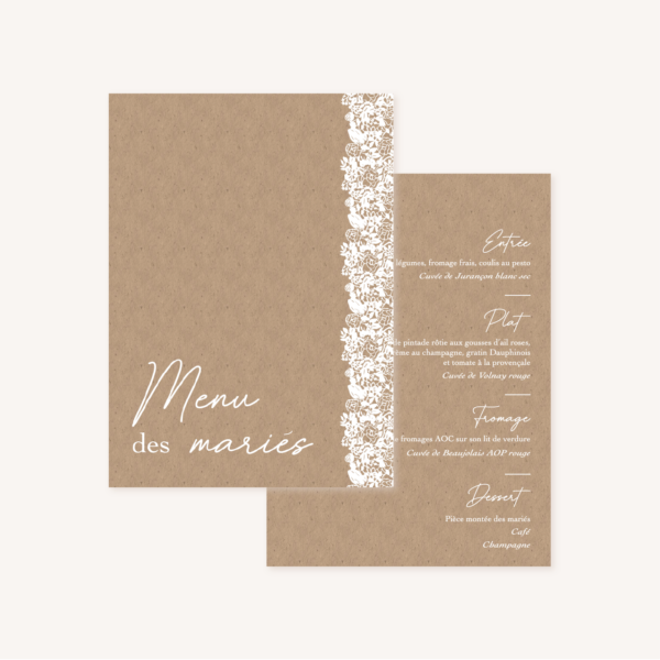 Menu mariage kraft dentelle champêtre