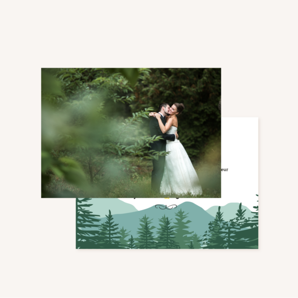 Faire-part mariage thème forêt into the wood montagne