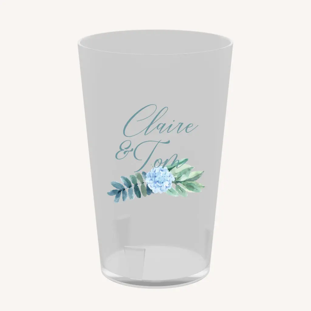 Ecocup mariage floral fleurs bleues hortensia papeterie jardin bleu