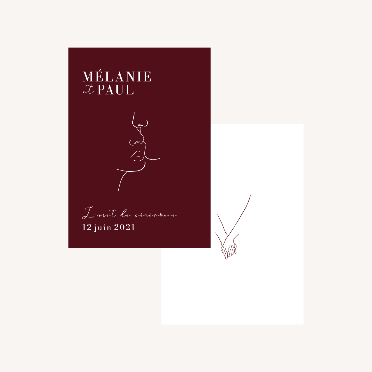 Faire-part mariage bordeaux lie de vin one line art visages couple