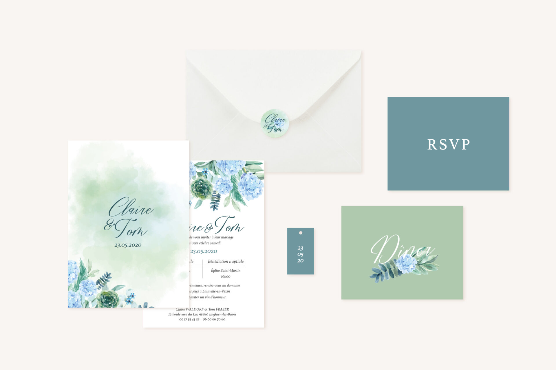 Faire-part mariage floral fleurs bleues hortensia papeterie jardin bleu