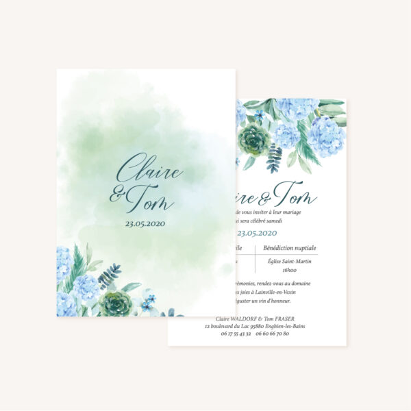 Faire-part mariage floral fleurs bleues hortensia papeterie jardin bleu