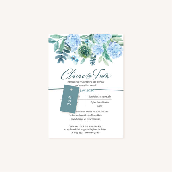 Faire-part mariage floral fleurs bleues hortensia papeterie jardin bleu