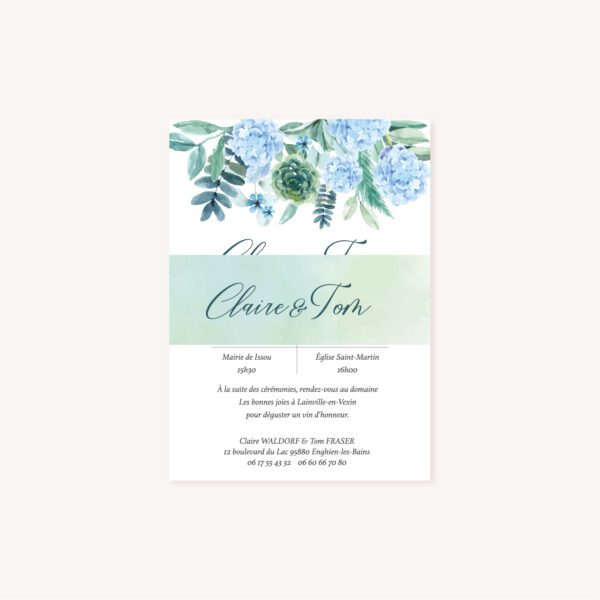 Faire-part mariage floral fleurs bleues hortensia papeterie jardin bleu