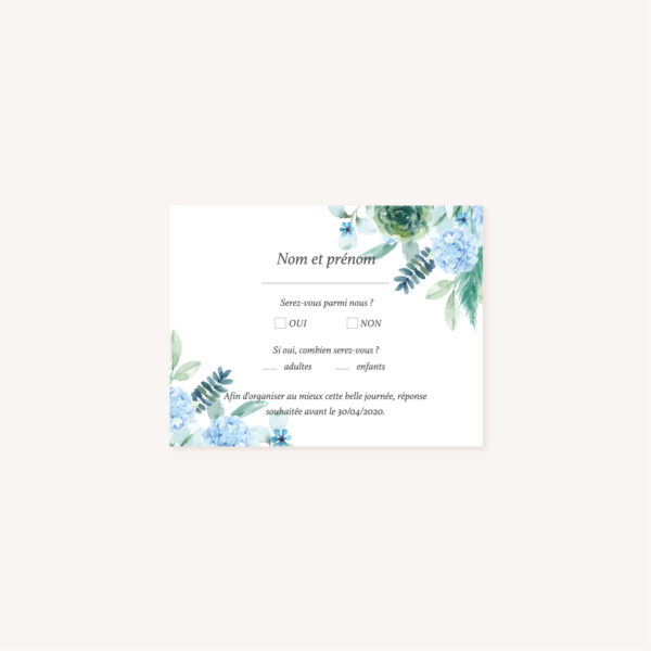 Faire-part mariage floral fleurs bleues hortensia papeterie jardin bleu