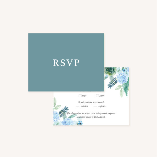 Faire-part mariage floral fleurs bleues hortensia papeterie jardin bleu